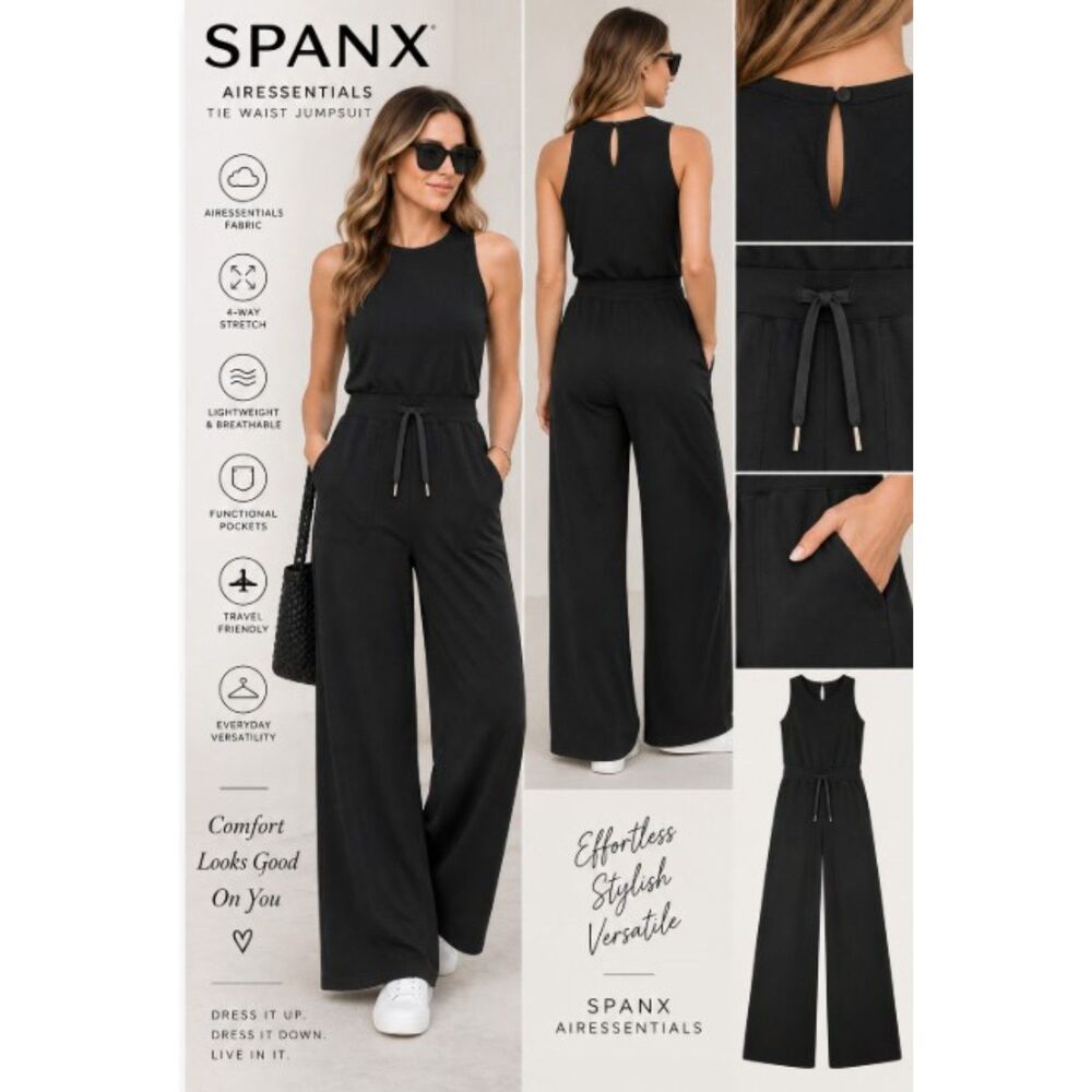 SPANX AirEssentials Jumpsuit Womens S Petite Black Tie Waist Wide Leg Ret $148